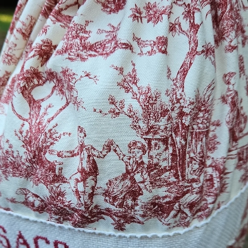 Vintage Elegant Red Cream Toile De Jouy 18 Inches Hanging Plastic Bag Holder